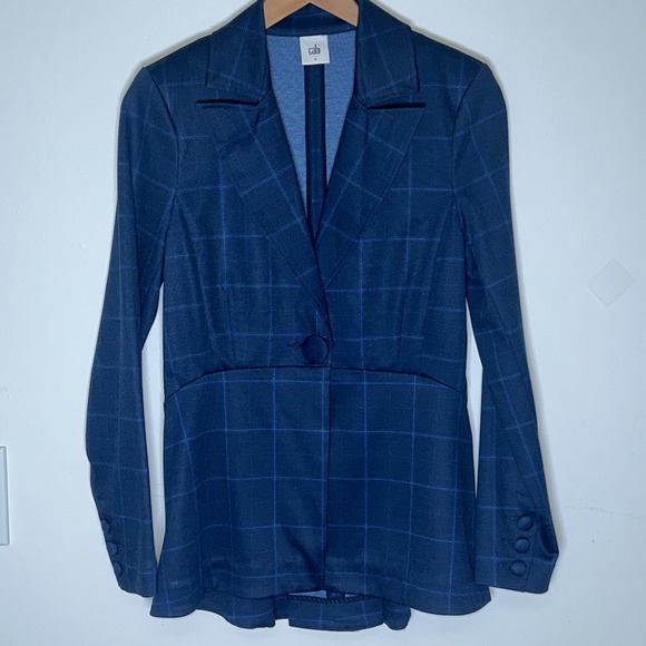Cabi Blue Plaid Retro Peplum Waist Jacket Womens Size 4 Pleated Back Slim Blazer - Picture 15 of 16